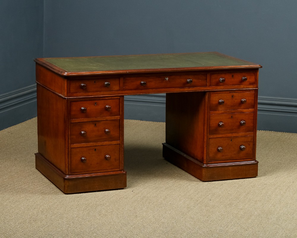 Antique English Victorian 4ft 6” Mahogany & Green Leather Pedestal Office Writing Desk (Circa 1860)