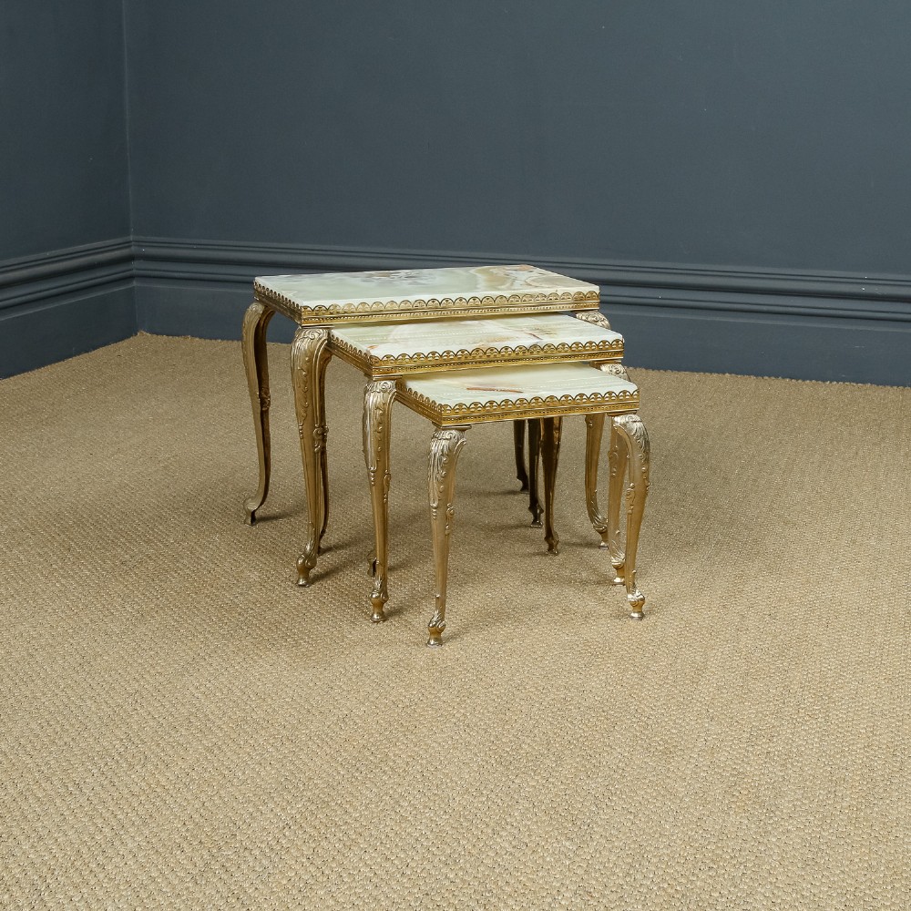 Vintage French Nest of Three Onyx Marble & Brass Low / Coffee / Occasional / Side Tables (Circa 1930)