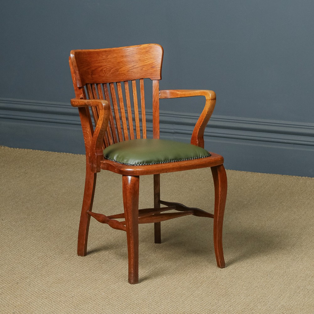 Antique English Edwardian Oak & Green Leather Office Desk Elbow Tub Arm Chair (Circa 1910)