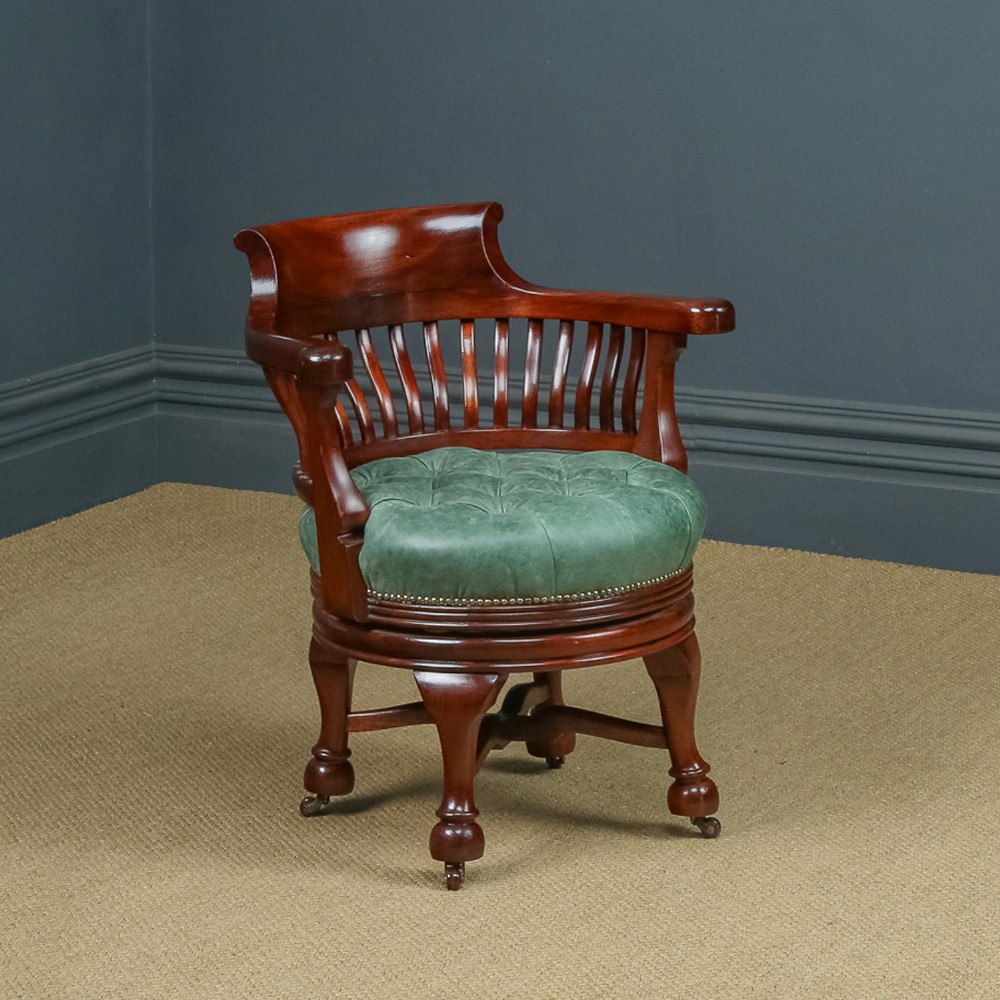 Antique English Victorian Mahogany & Green Leather Revolving Office Desk Arm Chair (Circa 1880)