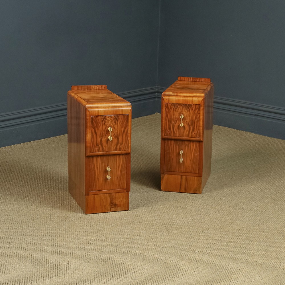 Antique English Pair of Art Deco Walnut Bedsides Chests with Two Drawers (Circa 1930)