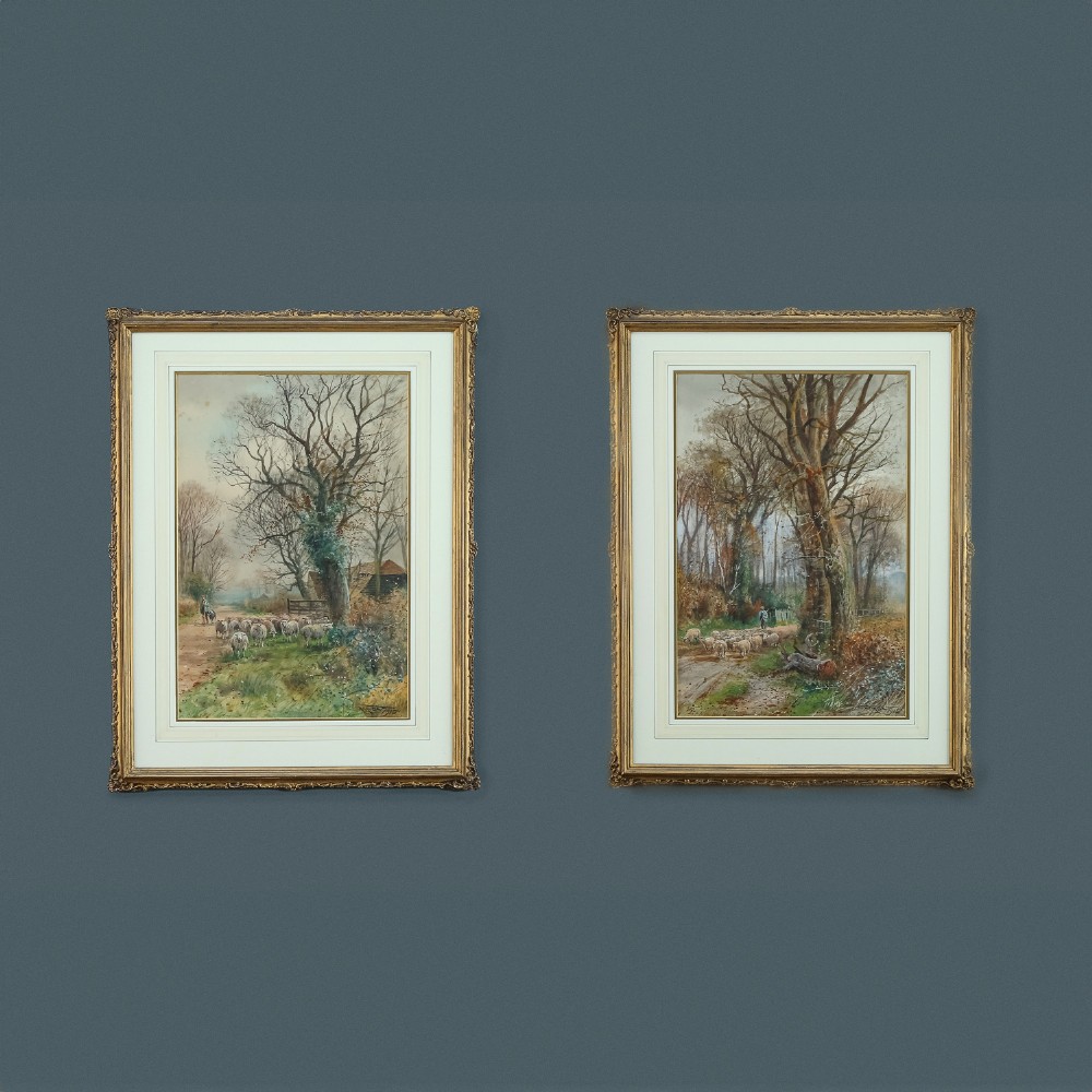 Antique English George V Pair of Watercolour Paintings Pictures of Herding Sheep by Henry Charles Fox (Circa 1915)