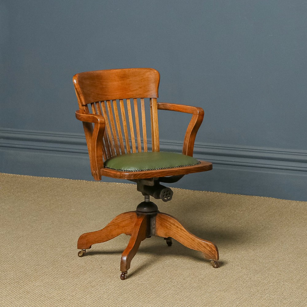 Antique English Edwardian Beech & Green Leather Revolving Office Desk Chair / Armchair (Circa 1910)