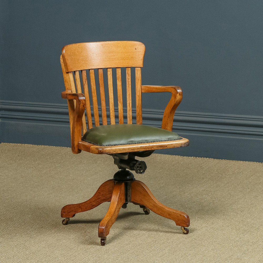 Antique English Edwardian Oak & Green Leather Revolving Office Desk Chair / Armchair (Circa 1910)