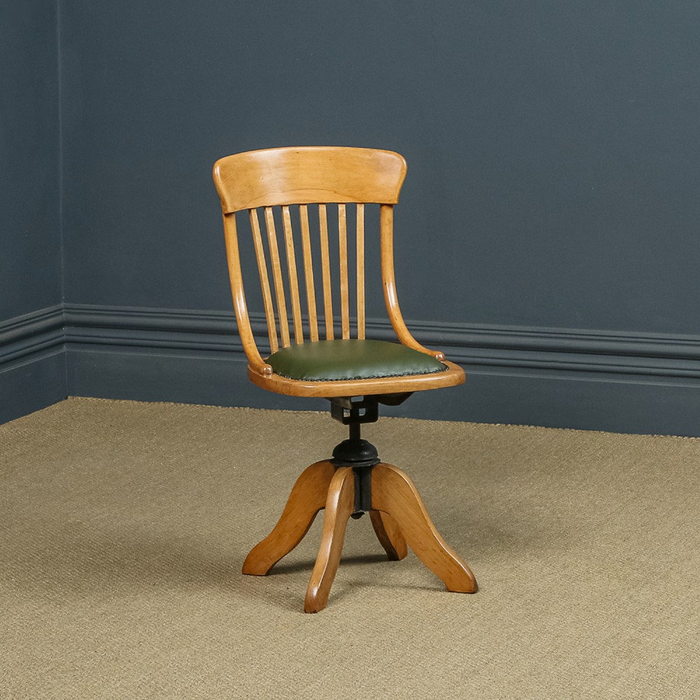 Antique English Edwardian Beech & Green Leather Revolving Armless Office Desk Side Chair (Circa 1910)