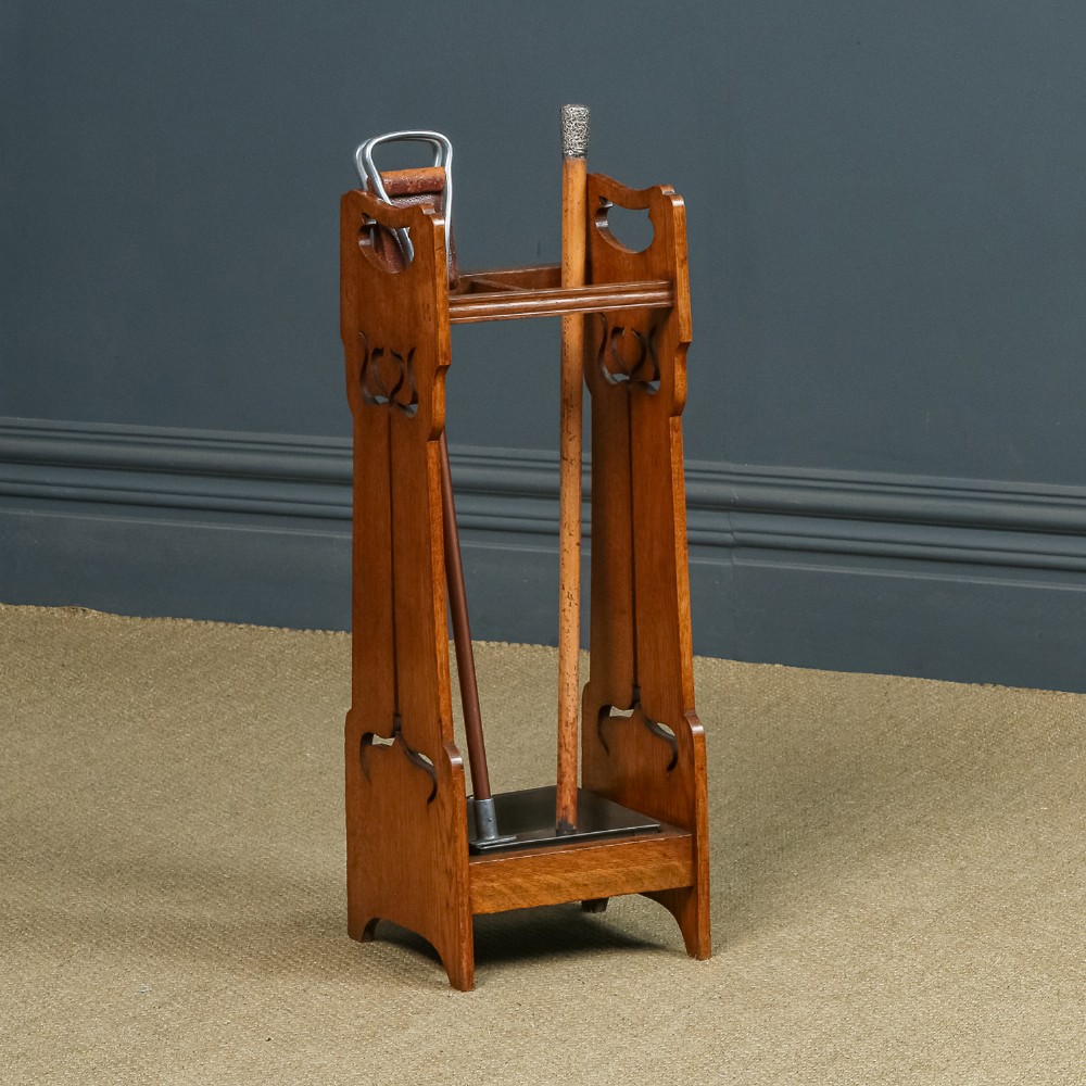 Antique English Victorian Arts & Crafts Liberty & Co. Design Oak Stick & Umbrella Hall Stand (Circa 1890)