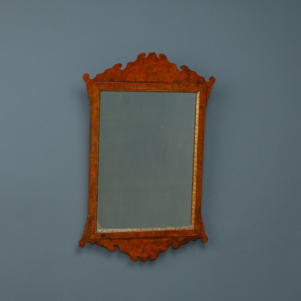 Antique English Georgian Chippendale Design Burr Walnut Hanging Portrait Wall Mirror (Circa 1770)