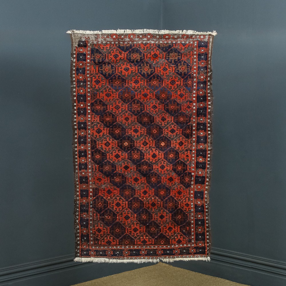 Antique George V 5ft 2” by 3ft 1” Afghanistan Islamic Turkmen Tribal Wool Red & Blue Floor Rug (Circa 1915)