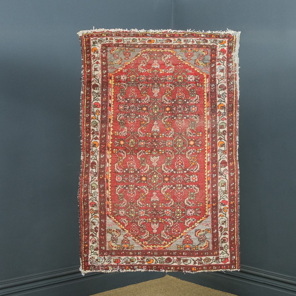 Antique Victorian 5ft by 3ft 2” Persian Heriz Wool Red Orange Yellow Brown Floor Rug (Circa 1890)
