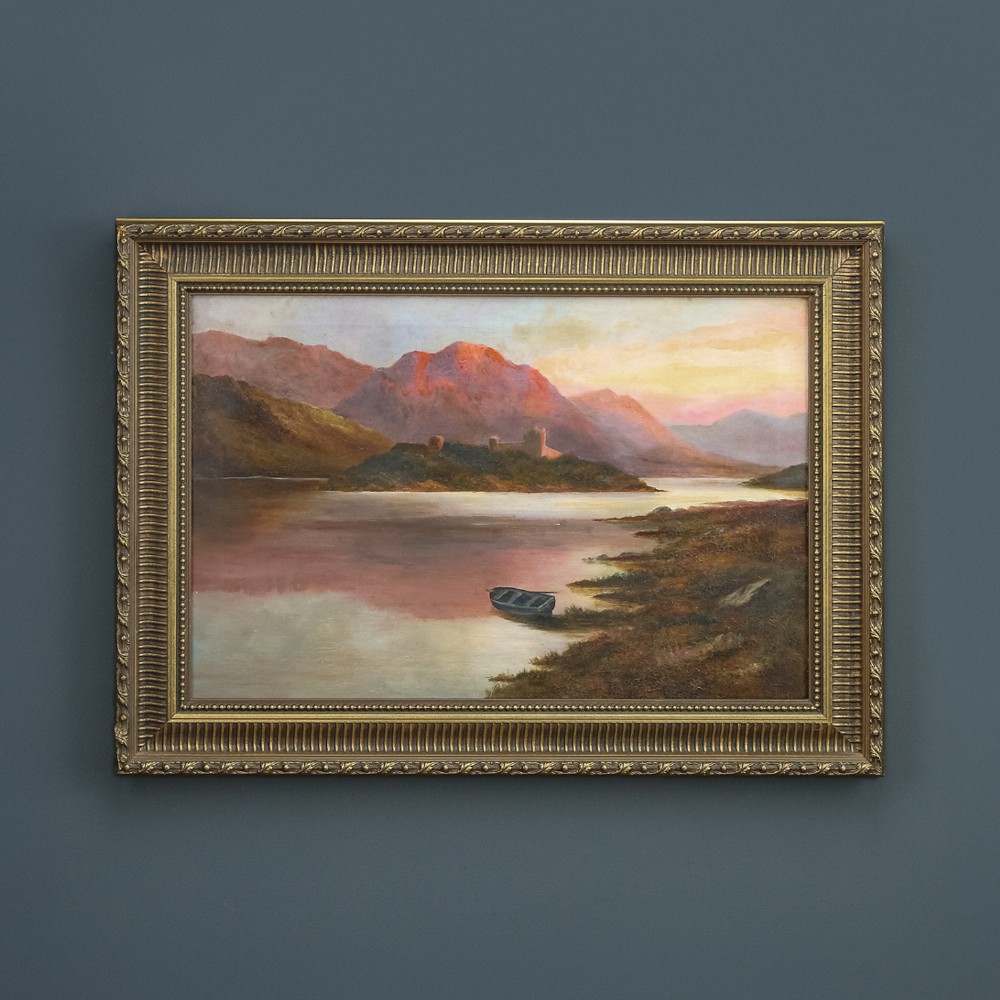 Antique Scottish Victorian Highland Loch & Castle Landscape Oil Painting Picture by F.E. Jamieson (Circa 1900)