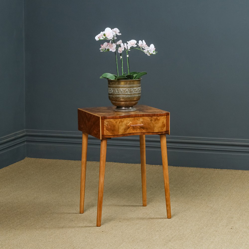 Antique English Art Deco Burr Walnut Serpentine Bedside Occasional Side Table with Drawer (Circa 1930)