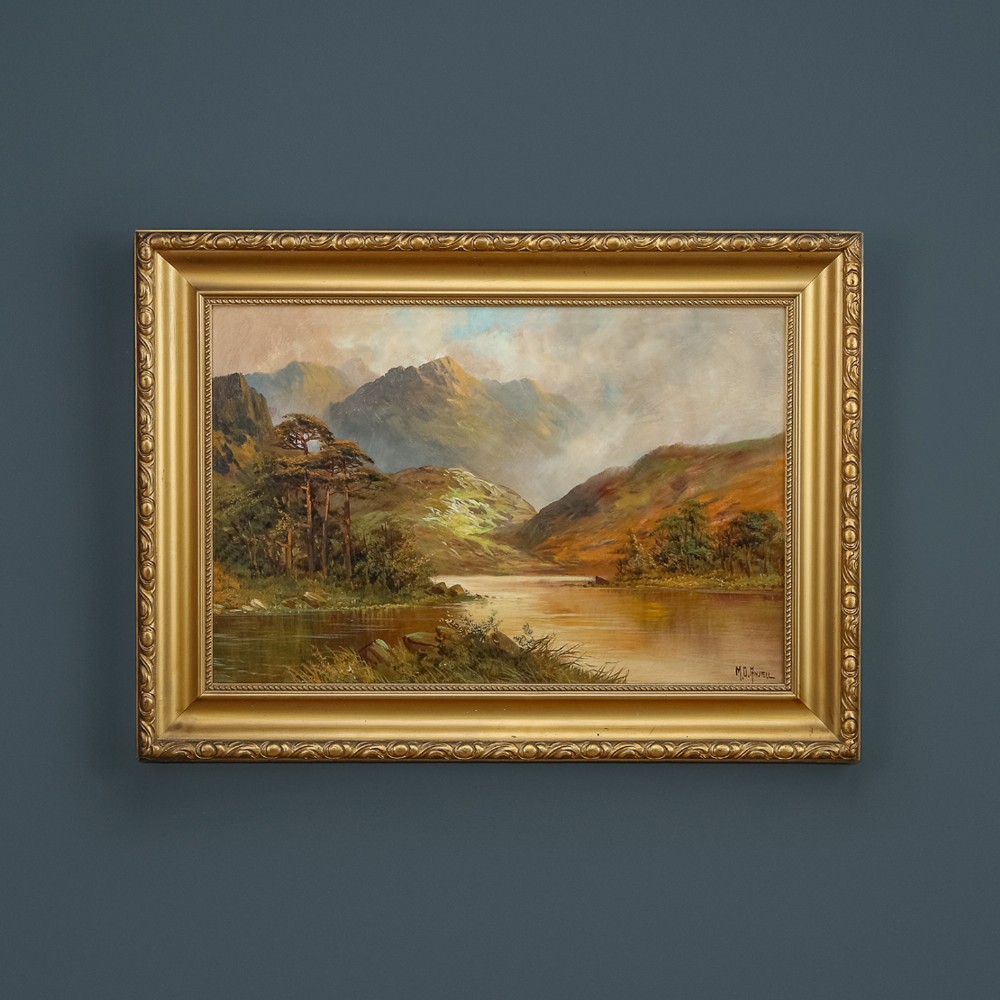 Antique Scottish Victorian Highland Loch & Bothy Landscape Oil Painting Picture by F. E. Jamieson (Circa 1900)