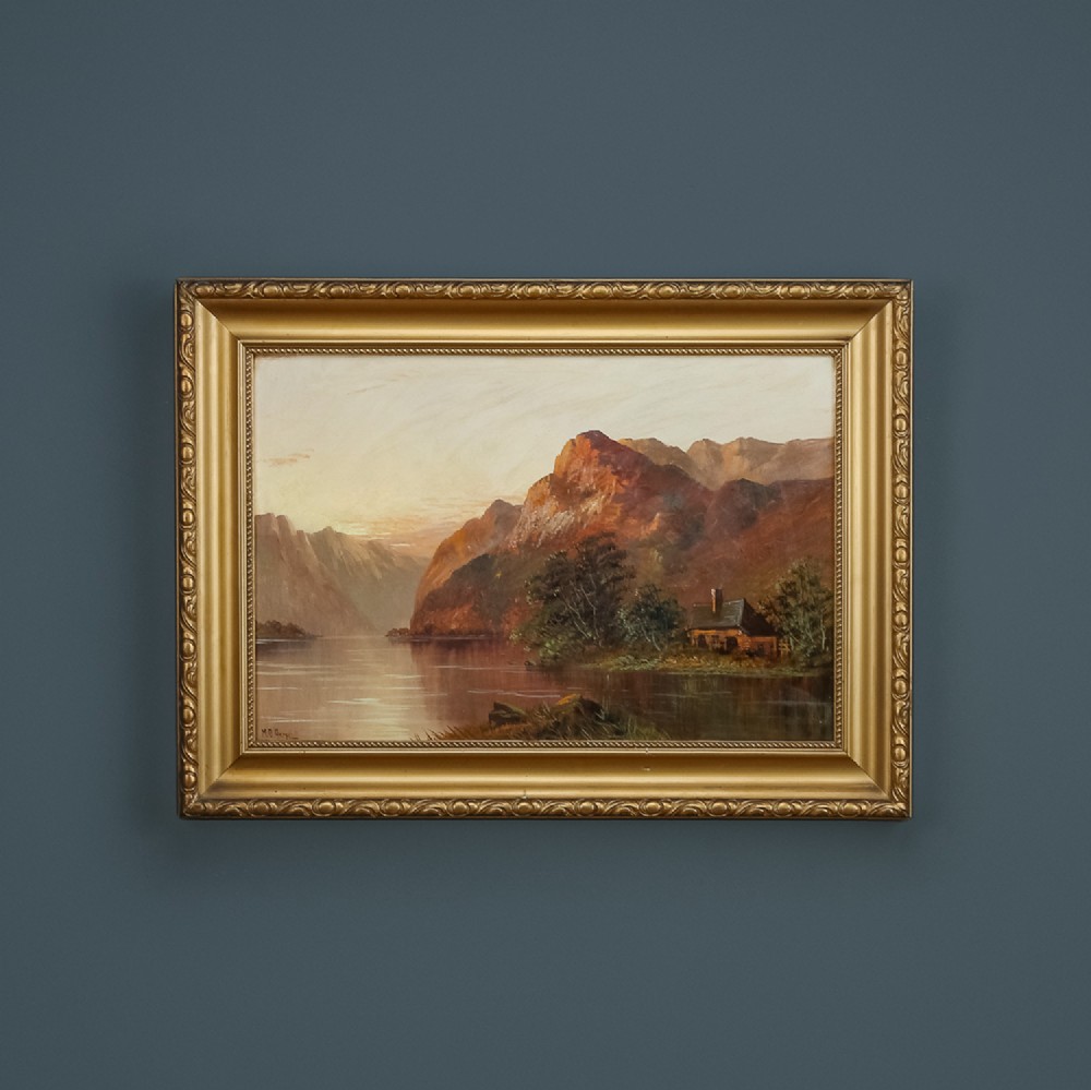Antique Scottish Victorian Highland Loch & Bothy Landscape Oil Painting Picture by F. E. Jamieson (Circa 1900)