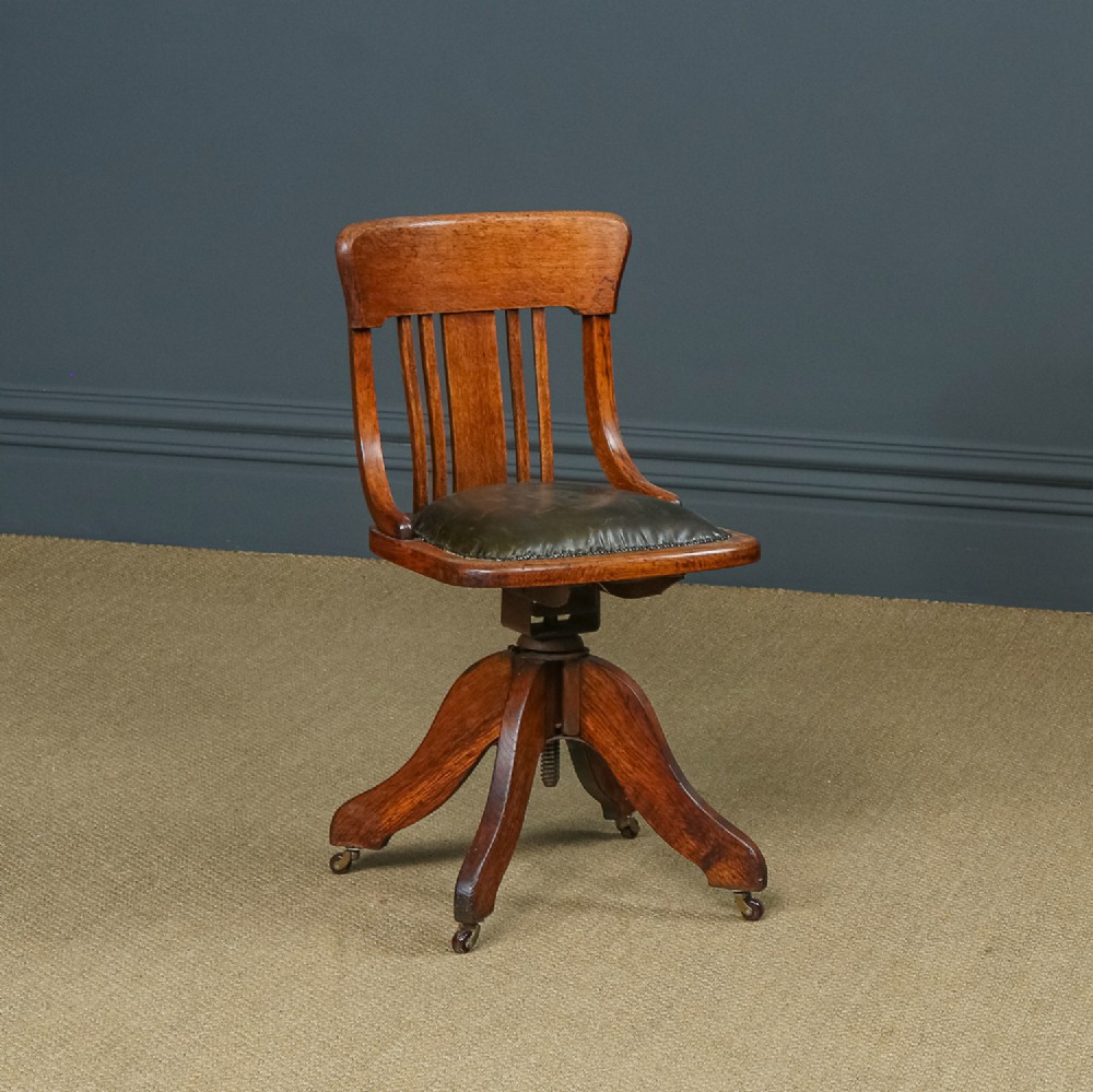 Antique English Edwardian Oak & Green Leather Revolving Angus Office Desk Side Chair (Circa 1910)