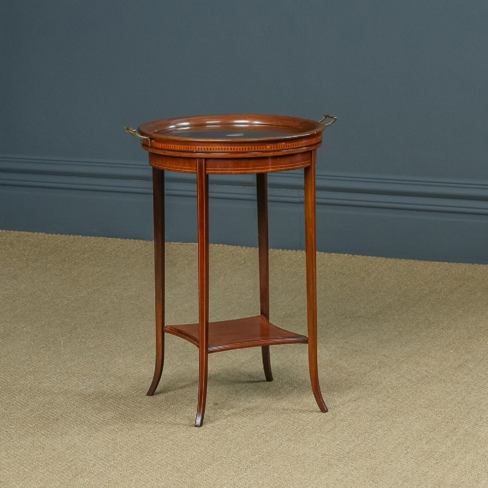 Antique English Edwardian Mahogany & Satinwood Sheraton Revival Circular Drinks Tray Occasional Table (Circa 1910)