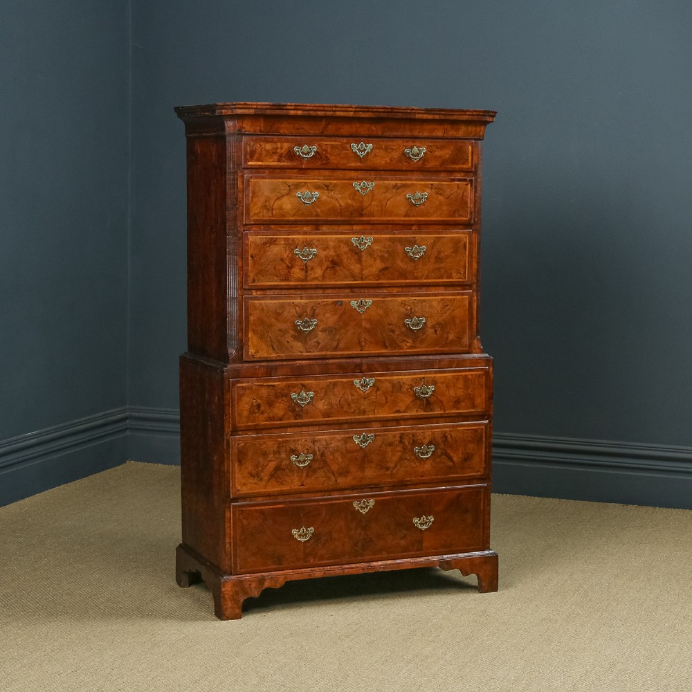 Antique English Queen Anne / Georgian Burr Walnut Tall Chest on Chest with Drawers / Tallboy / Armoire (Circa 1720)