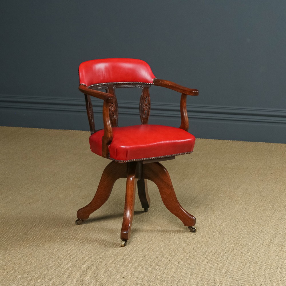 Antique English Victorian Oak & Crimson Red Leather Revolving Office Desk Arm Chair (Circa 1890)