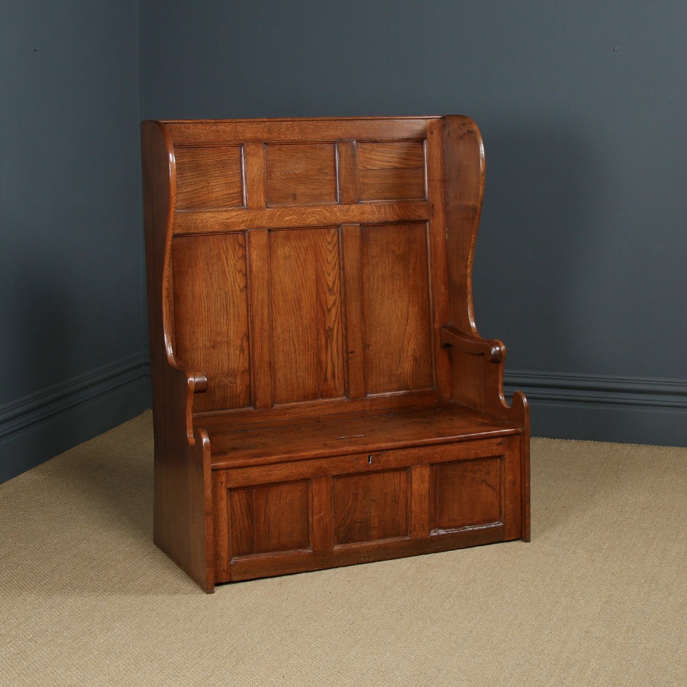 Antique English 18th Century Georgian Oak High Back 3ft 9” Wide Hall Kitchen Bench Box Settle Seat (Circa 1780)