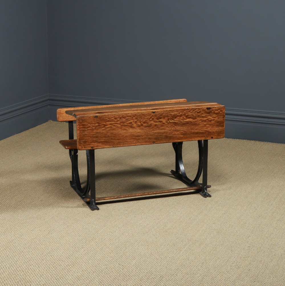 Antique English Victorian Children’s Kids School Two Seat Hinged Oak Desk Bench Table (Circa 1890)