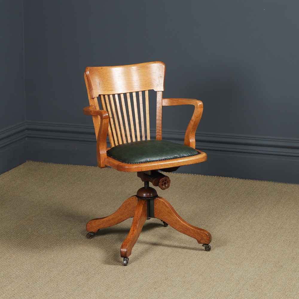Antique Scottish Edwardian Oak & Green Leather Revolving Office Desk Chair / Armchair (Circa 1910)
