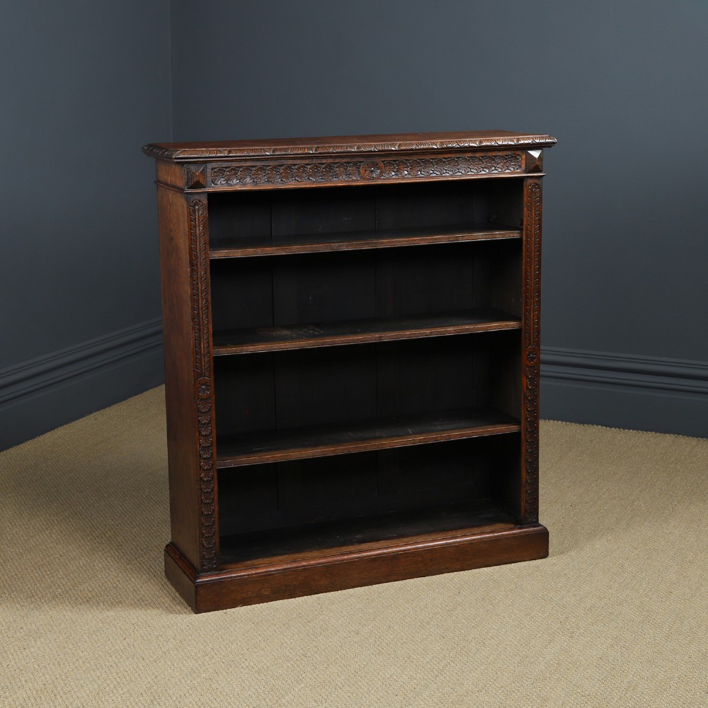 Antique English Victorian Oak 17th Century Style 3½ft Carved Open Shelf Bookcase (Circa 1880)