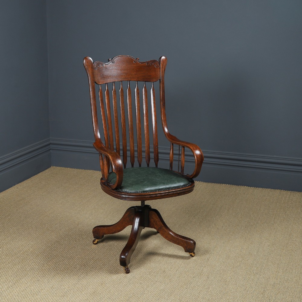 Antique American Edwardian Sheriff’s Oak & Green Leather Revolving Office Desk Chair / Armchair (Circa 1910)