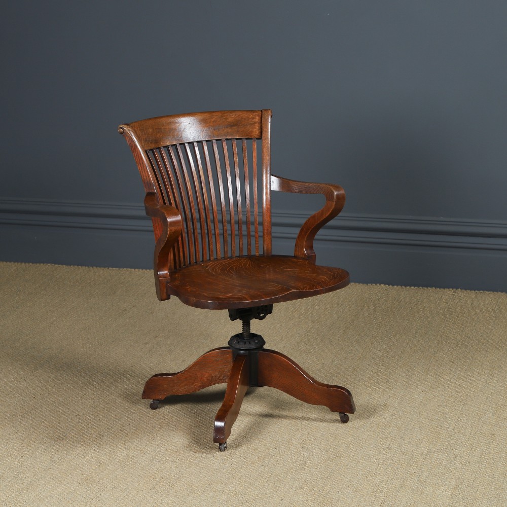 Antique English Edwardian Oak Revolving Office Desk Arm Chair Saddle Seat (Circa 1910