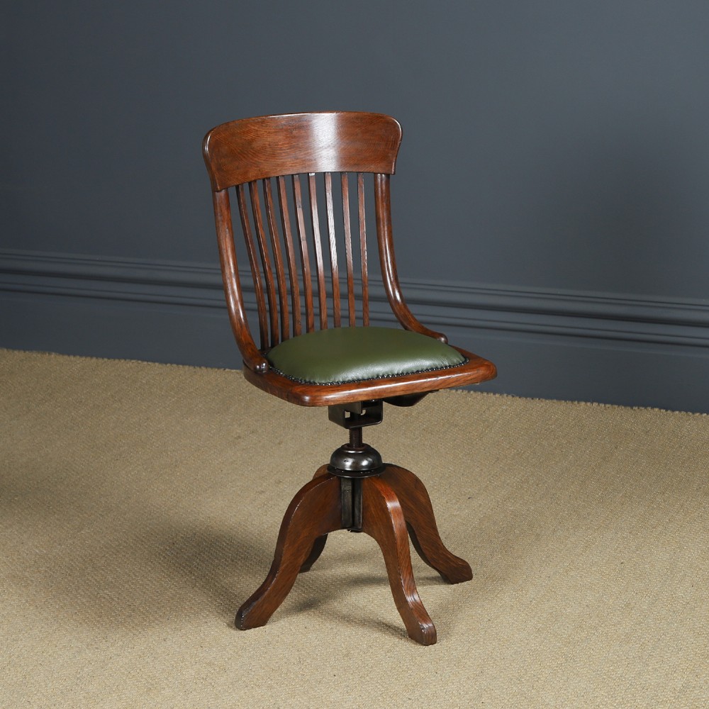 Antique English George V Oak & Green Leather Revolving Armless Office Desk Side Chair by Bell Barn Furniture (Circa 1920)