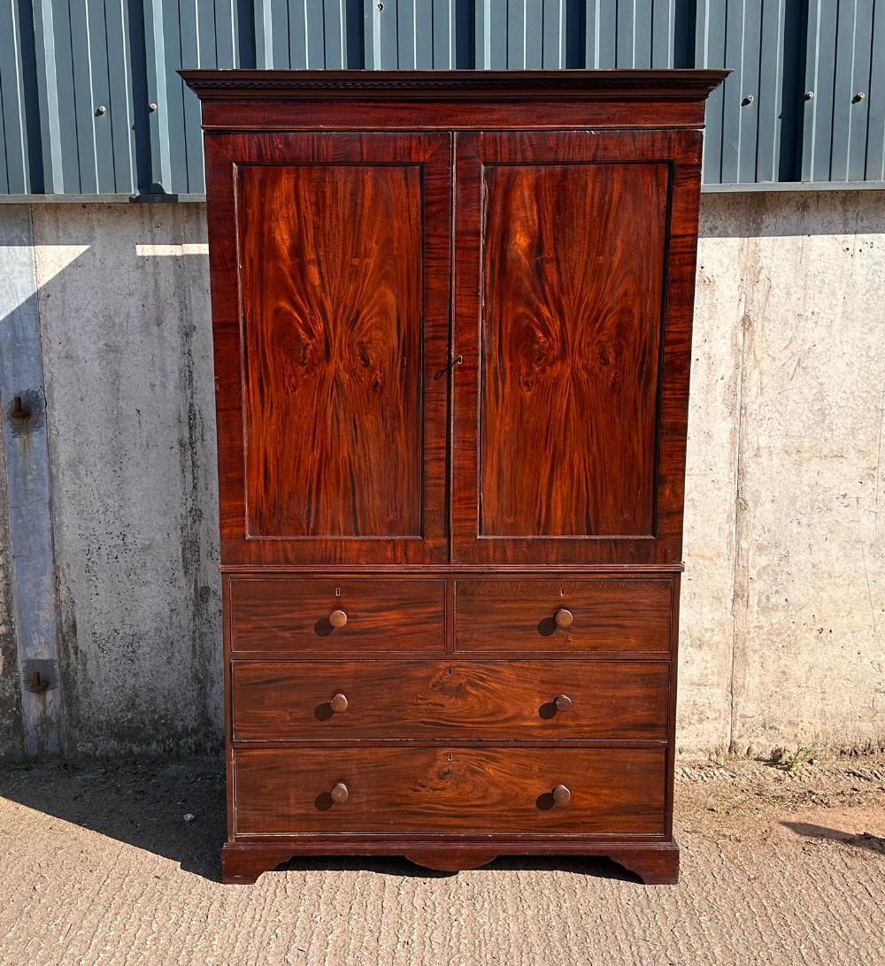 Antique English Georgian Mahogany Linen Press Wardrobe Armoire (Circa 1800)