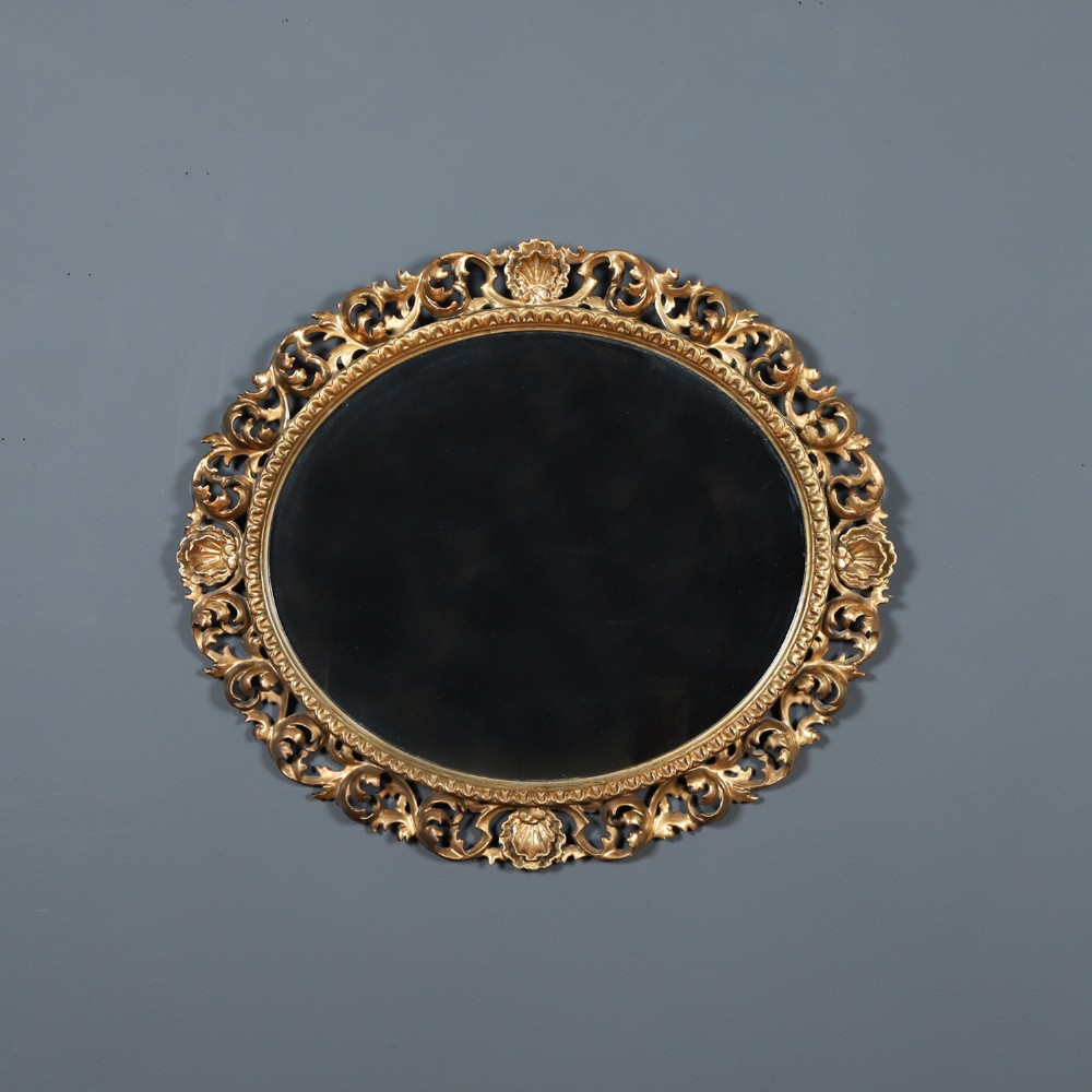 Antique Italian Victorian Baroque Rococo Florentine Carved Giltwood Oval Portrait Wall Mirror (Circa 1890)