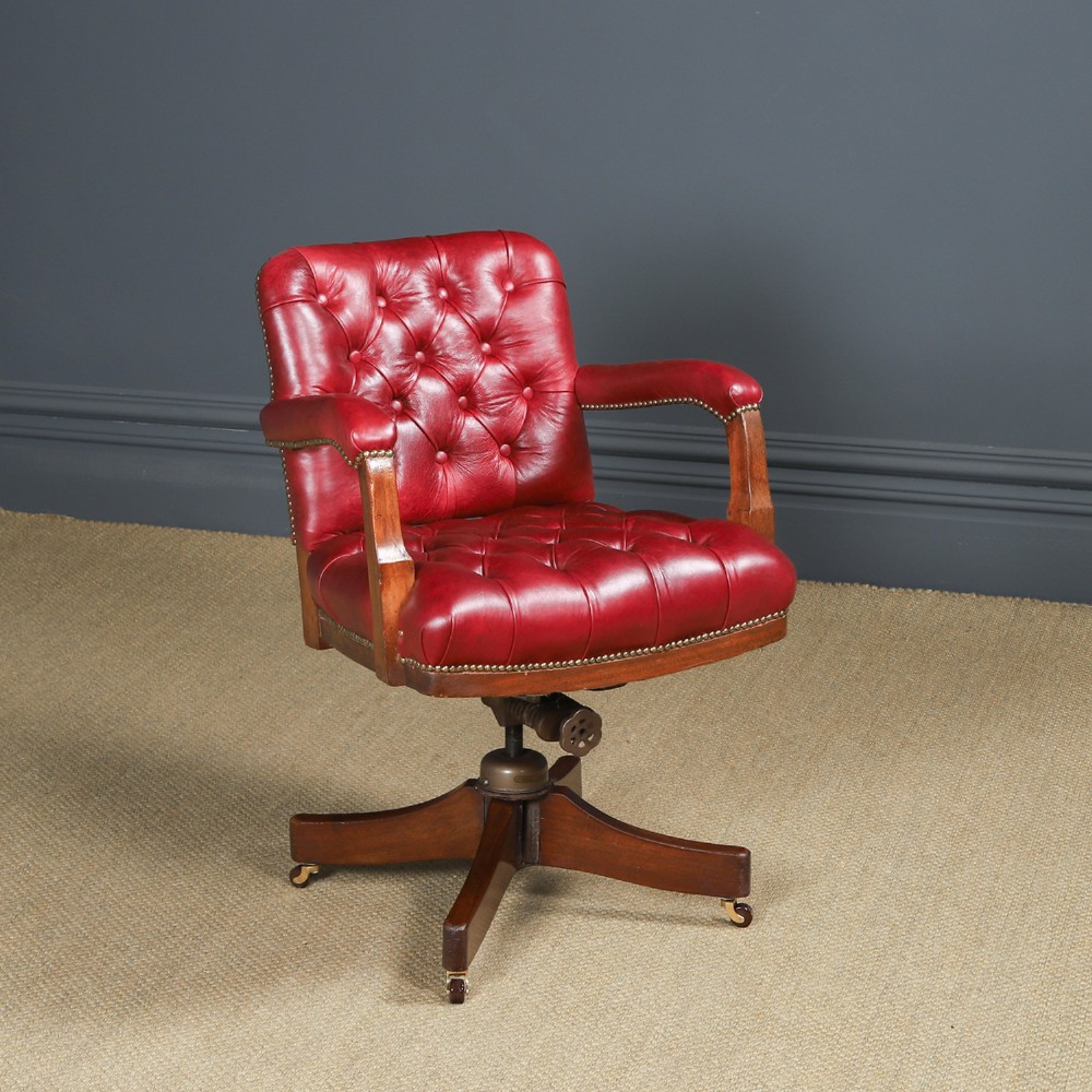 Antique English George V Mahogany & Red Leather Upholstered Revolving Office Desk Arm Chair (Circa 1920)