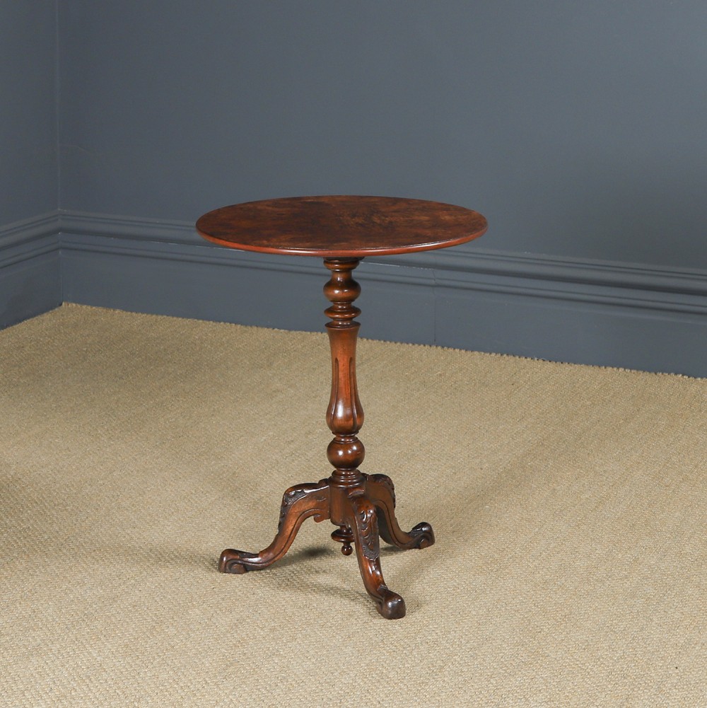 Antique English Victorian Burr Walnut Round Circular Lamp / Wine / Bedside / Nightstand / Tripod Table (Circa 1860)