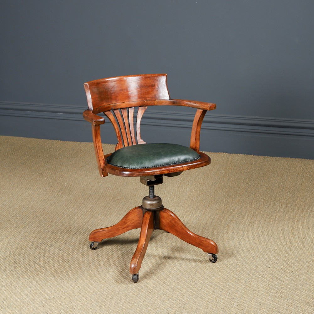 Antique English Edwardian Beech & Green Leather Revolving Office Desk Arm Chair (Circa 1910)