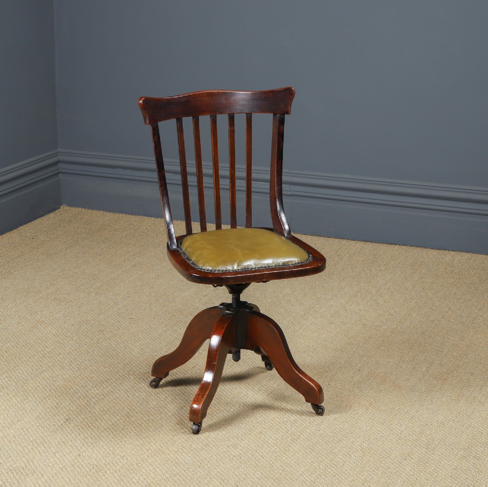 Antique English Edwardian Beech & Green Leather Revolving Armless Office Desk Side Chair (Circa 1910)