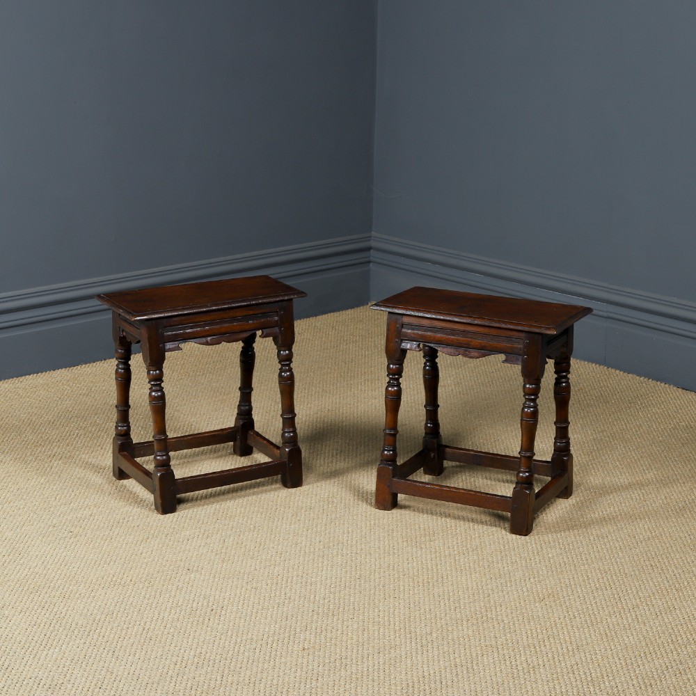 Antique English Pair of 17th Century Style Oak Joint Stools / Occasional / Bedside Tables (Circa 1930)