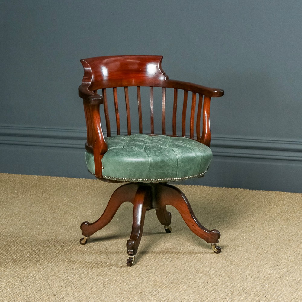 Antique English Victorian Mahogany & Green Leather Revolving Office Desk Chair (Circa 1880)