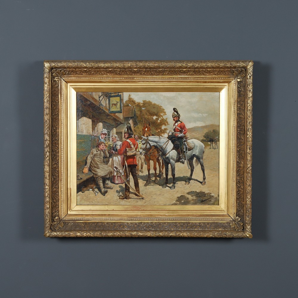 A framed Victorian oil painting depicting soldiers in red uniforms and horses gathered outside a tavern.