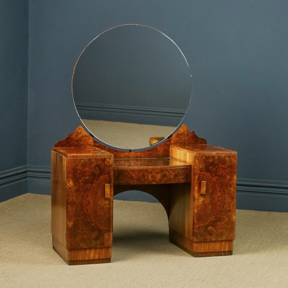 Antique English Art Deco Burr Walnut Pedestal Dressing Table / Vanity Table with Round Mirror (Circa 1930)