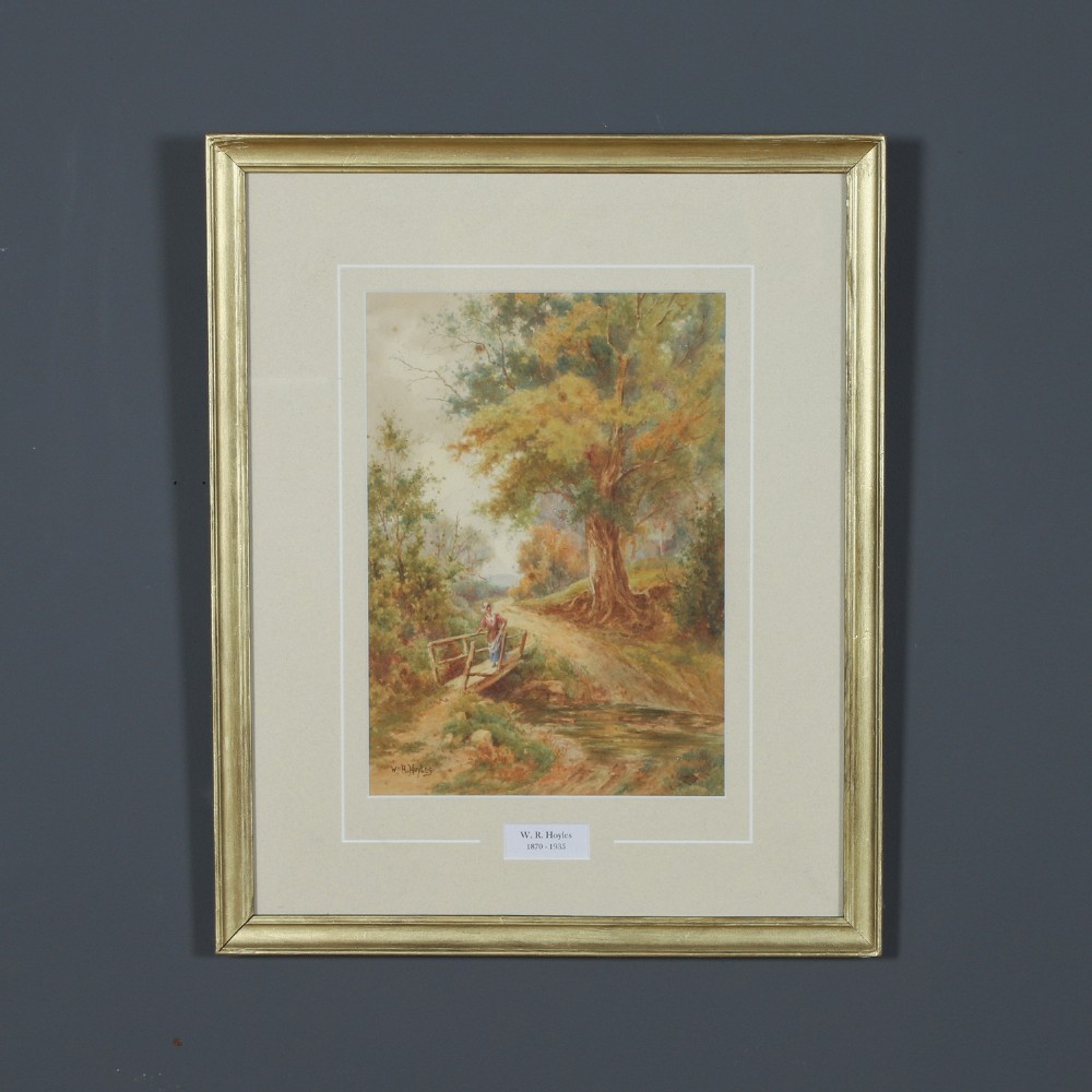 Antique English Victorian Landscape Stream Watercolour Painting Picture by William R Hoyles (Circa 1900)