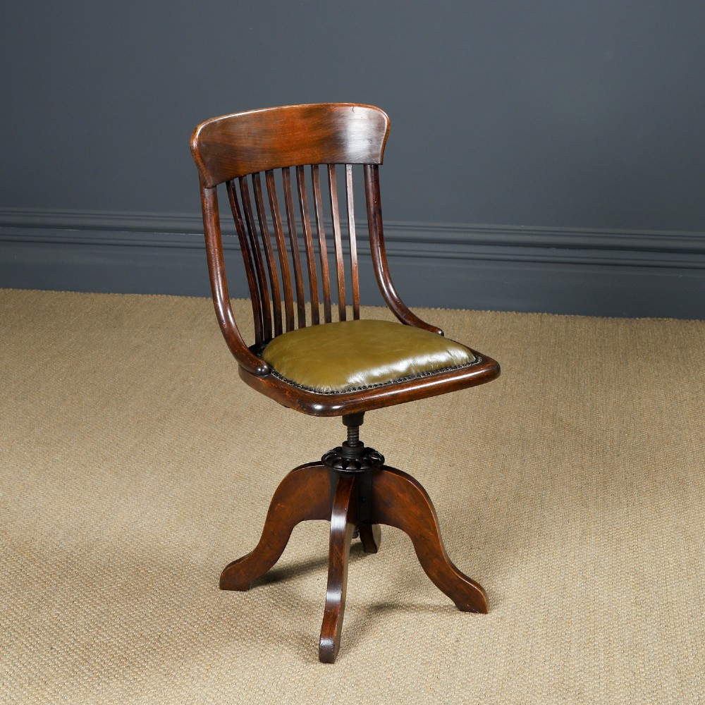 Antique English George V Beech & Green Leather Revolving Armless Small Office Desk Side Chair (Circa 1920)