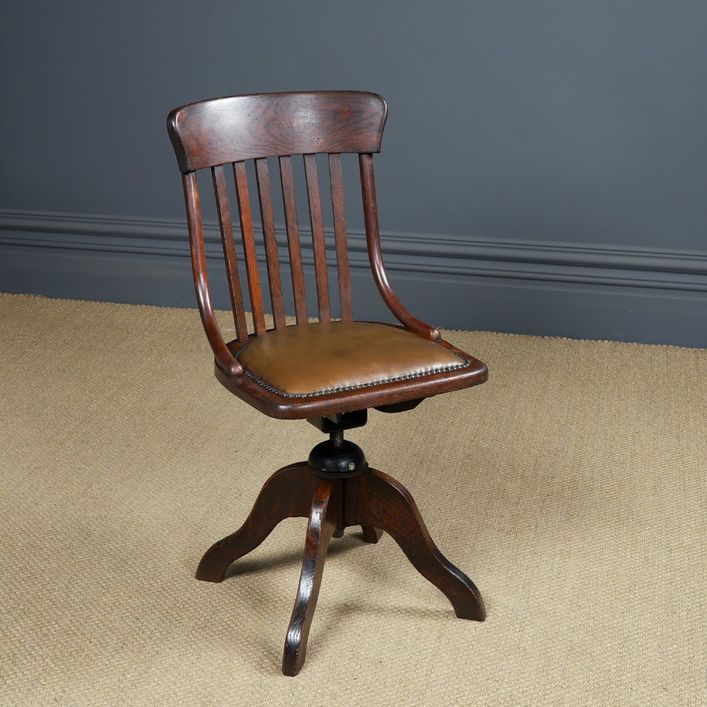 Antique English George V Oak & Brown Leather Revolving Armless Small Office Desk Side Chair (Circa 1920) 