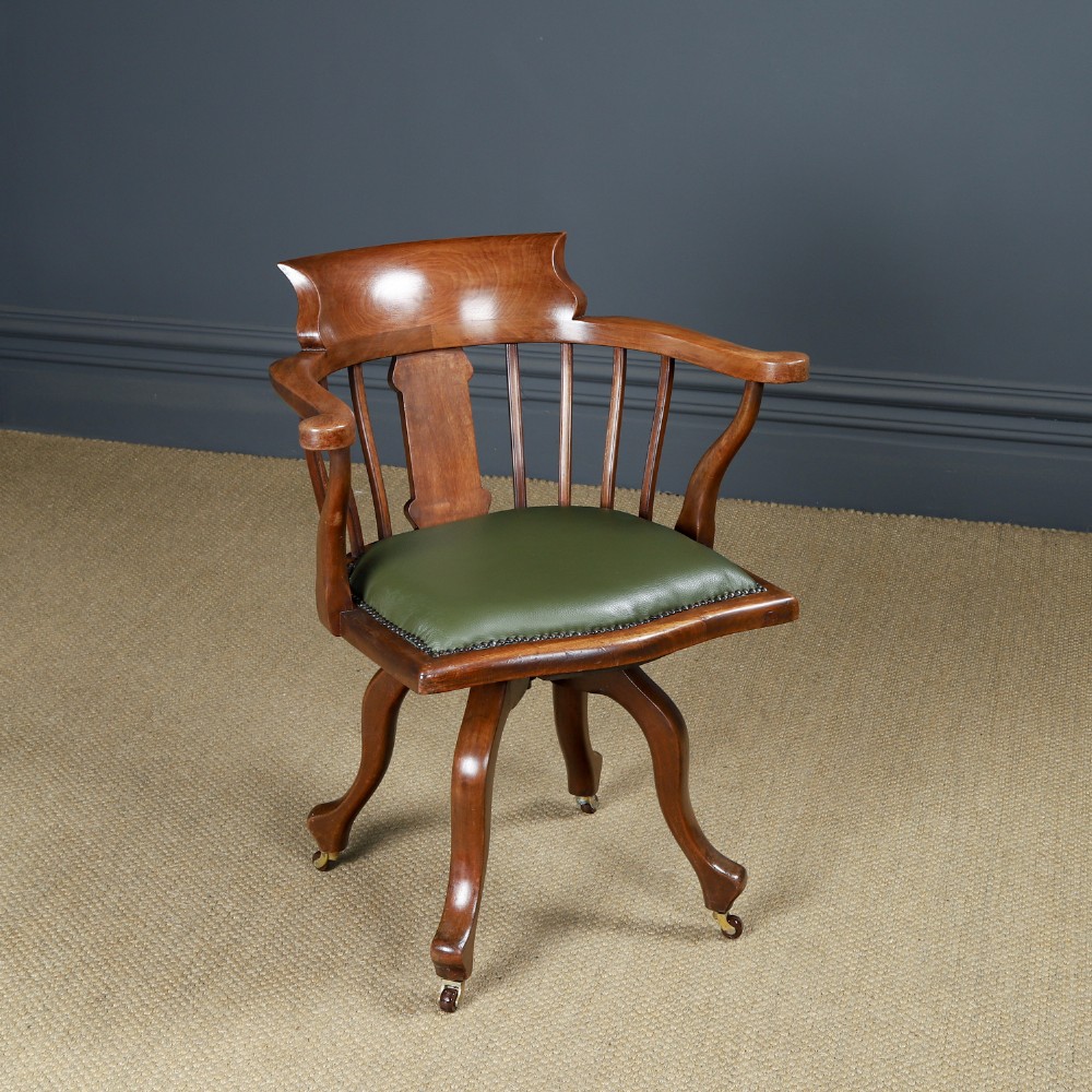 Antique English Victorian Mahogany & Green Leather Revolving Office Desk Arm Chair (Circa 1870) 