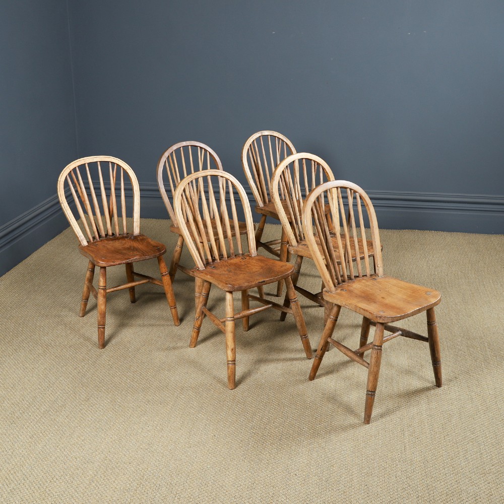 Antique Set of 6 Six Victorian Ash & Elm Windsor Stick & Hoop Back Kitchen Chairs (Circa 1890) 