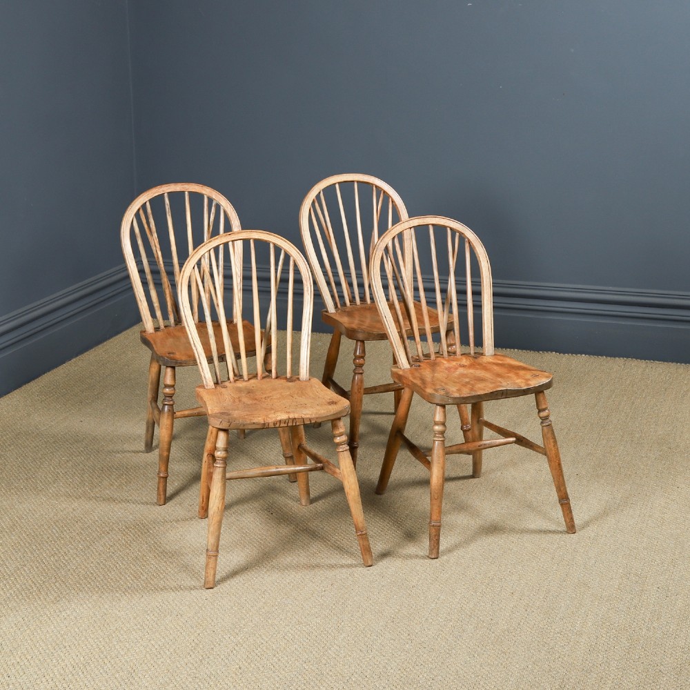 Antique Set of 4 Four Victorian Ash & Elm Windsor Stick & Hoop Back Kitchen Chairs (Circa 1890)