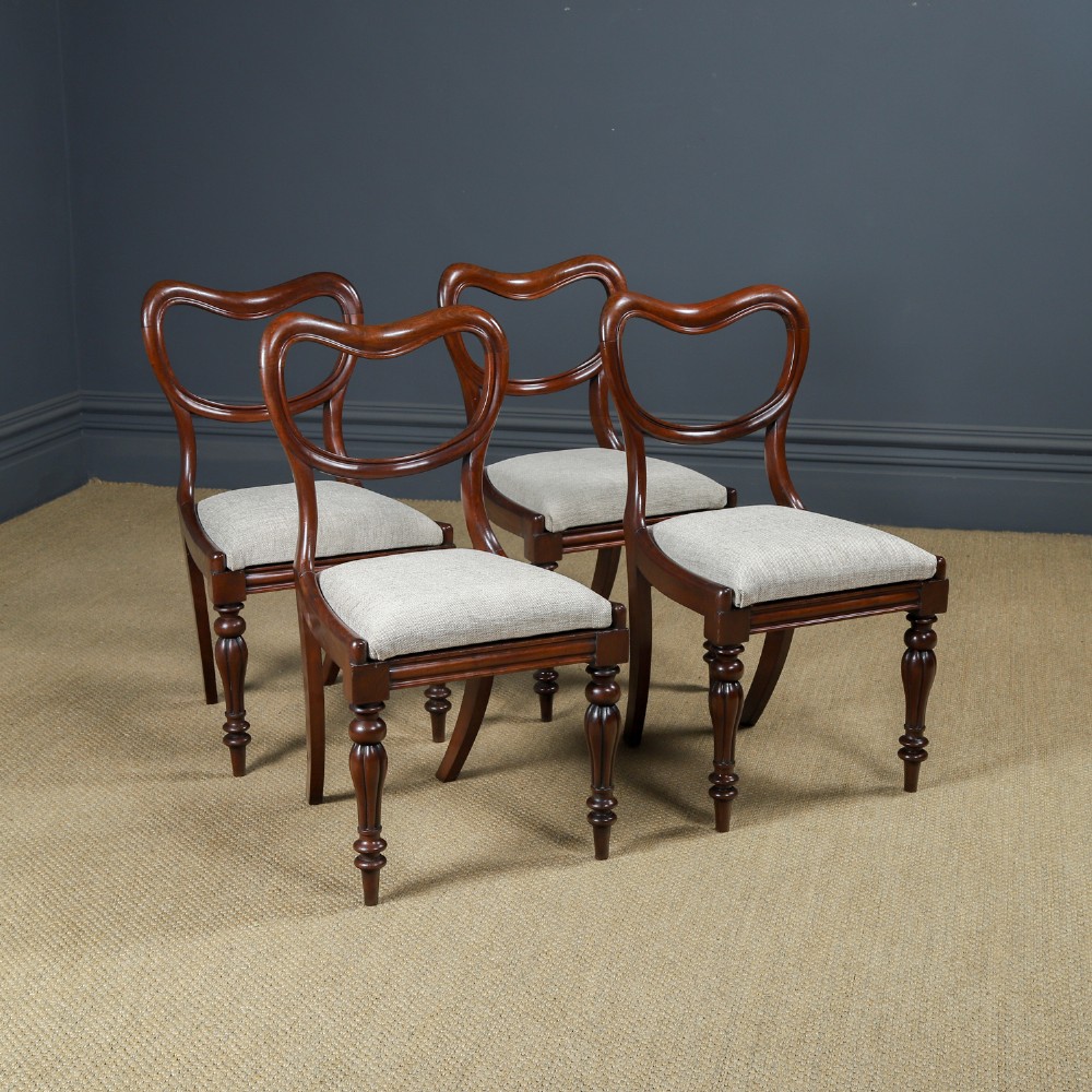Antique English Victorian Set of Four 4 Mahogany Kidney Back Balloon Dining Chairs (Circa 1860)
