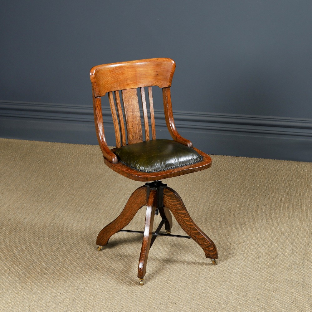 Antique English George V Oak & Green Leather Revolving Armless Small Office Desk Side Chair (Circa 1920)