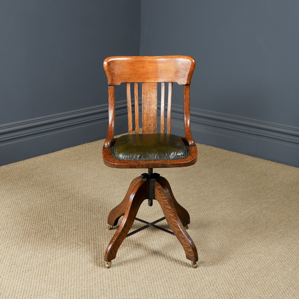 Antique English George V Oak & Green Leather Revolving Armless Small Office Desk Side Chair (Circa 1920) View II