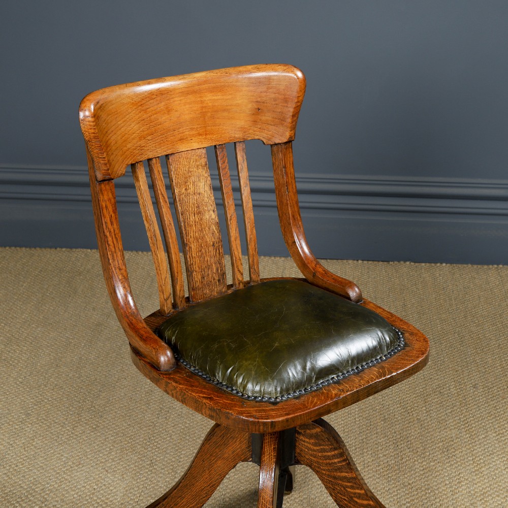 Antique English George V Oak & Green Leather Revolving Armless Small Office Desk Side Chair (Circa 1920) View III