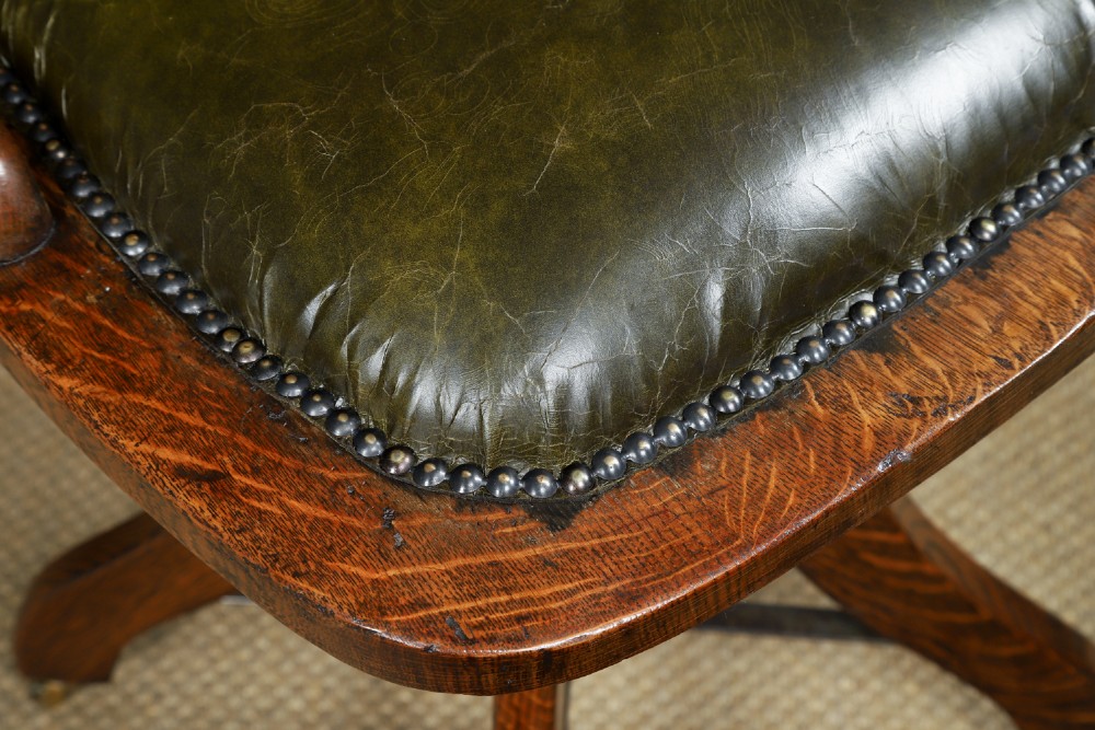 Antique English George V Oak & Green Leather Revolving Armless Small Office Desk Side Chair (Circa 1920) View V