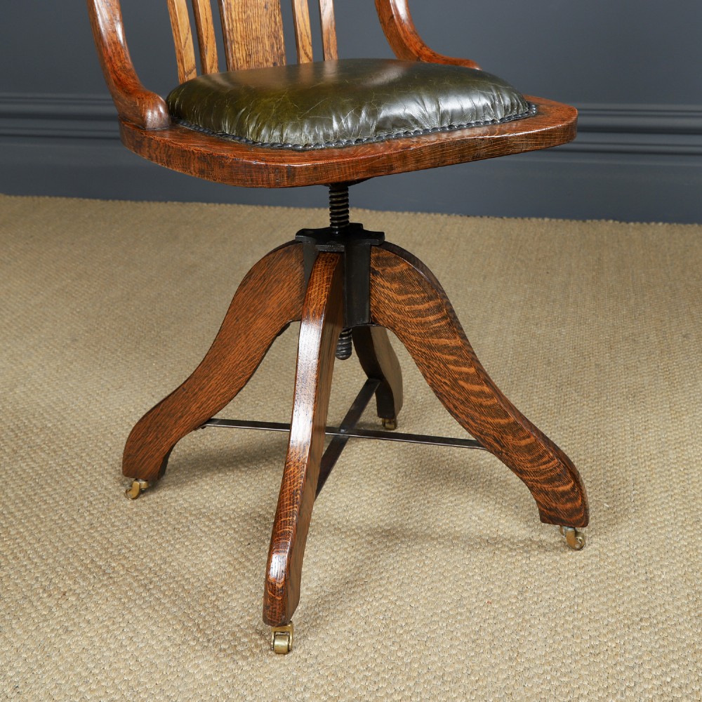 Antique English George V Oak & Green Leather Revolving Armless Small Office Desk Side Chair (Circa 1920) View VI